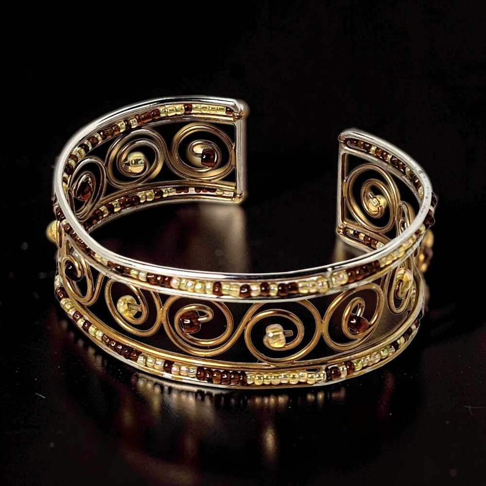 Vintage Seed Beaded Scroll Pattern Gold Tone Cuff Bracelet